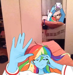 Size: 812x833 | Tagged: safe, artist:rainn__1026, rainbow dash, human, equestria girls, g4, bed, eyes closed, foot hold, lying down, mirror, smiling, solo, tablet