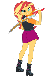 Size: 1900x2850 | Tagged: safe, artist:gmaplay, sunset shimmer, human, equestria girls, g4, ass, boots, bunset shimmer, butt, clothes, female, legs, looking back, shoes, simple background, skirt, solo, sword, transparent background, weapon