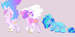 Size: 2048x1024 | Tagged: safe, artist:mar-im-o, misty brightdawn, pipp petals, zipp storm, pegasus, pony, unicorn, g5, alternate design, butt fluff, chest fluff, leonine tail, redesign, tail