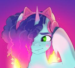 Size: 1801x1645 | Tagged: safe, artist:aztrial, misty brightdawn, pony, unicorn, g5, spoiler:g5, alternate mane color, cornrows, facial markings, freckles, headphones, simple background, solo, unshorn fetlocks