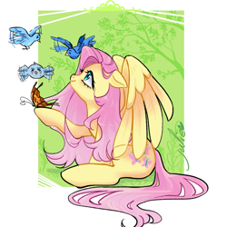 Size: 1600x1600 | Tagged: source needed, safe, artist:julieee3e, fluttershy, bird, butterfly, pegasus, pony, g4, animal, butterfly on hoof, cute, female, floppy ears, looking at someone, looking up, mare, partial background, partially open wings, profile, raised hoof, sitting, smiling, solo, wings