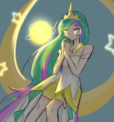 Size: 1246x1335 | Tagged: safe, artist:rainn__1026, princess celestia, human, g4, clothes, crown, dress, eyes closed, female, hands together, humanized, jewelry, light skin, regalia, smiling, solo, stars