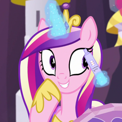 Size: 600x600 | Tagged: safe, edit, edited screencap, screencap, princess cadance, alicorn, pony, g4, once upon a zeppelin, season 7, cropped, crown, female, glowing, glowing horn, grin, hoof on cheek, hoof shoes, horn, implied pregnancy, jewelry, magic, magic aura, mare, peytral, pregnancy test, pregnancy test meme, regalia, smiling, solo, telekinesis, tiara