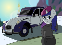 Size: 3509x2550 | Tagged: safe, artist:sparkfler85, derpibooru exclusive, rarity, unicorn, anthro, g4, alternate hairstyle, beatnik rarity, bedroom eyes, beret, breasts, canterlot castle, car, citroën, citroën 2cv, clothes, hat, high res, no tail, pants, solo, sweater, vehicle