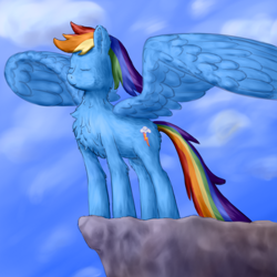 Size: 2160x2160 | Tagged: safe, alternate version, artist:callichrome, rainbow dash, pegasus, pony, g4, chest fluff, eyes closed, female, high res, majestic, mare, peaceful, spread wings, wind, wings