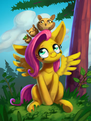 Size: 1200x1600 | Tagged: safe, artist:lexx2dot0, fluttershy, bird, owl, pegasus, pony, g4, big ears, clover, cyan eyes, day, female, fir tree, grass, happy, looking at someone, looking up, mare, outdoors, pink mane, sitting, sitting on head, sky, smiling, solo, spread wings, tree, wings, yellow skin