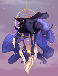 Size: 1462x1900 | Tagged: safe, artist:dementra369, princess luna, alicorn, pony, g4, adorable distress, alternate design, angry, annoyed, cloven hooves, colored, commission, commissioner:shaddar, curved horn, cute, dream walker luna, dreamcatcher, dreamcaught luna, feather, female, flowing mane, folded wings, funny, furrowed brow, horn, hybrid wings, luna is not amused, lunabetes, mare, missing accessory, peytral, solo, stuck, unamused, unshorn fetlocks, wings