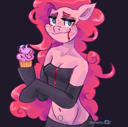 Size: 2048x2033 | Tagged: safe, artist:dmitrymemovznok, pinkie pie, earth pony, anthro, g4, arm hooves, blood, clothes, cupcake, female, food, freckles, high res, hooves, simple background, smiling, smirk, solo