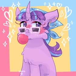 Size: 2048x2033 | Tagged: safe, artist:dmitrymemovznok, starlight glimmer, pony, unicorn, g4, bandana, bubblegum, chest fluff, curved horn, female, food, freckles, gum, heart, high res, horn, looking at you, mare, sitting, solo, sunglasses