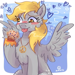 Size: 2048x2033 | Tagged: safe, artist:dmitrymemovznok, derpy hooves, pegasus, pony, g4, :p, blushing, chest fluff, food, freckles, heart, high res, muffin, peace symbol, sitting, solo, spread wings, tongue out, wings