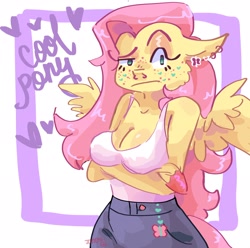 Size: 2048x2033 | Tagged: safe, artist:dmitrymemovznok, fluttershy, pegasus, anthro, g4, arm hooves, breasts, busty fluttershy, cleavage, clothes, crossed arms, ear piercing, female, freckles, freckleshy, heart, high res, piercing, solo, text