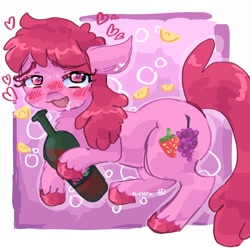Size: 2048x2033 | Tagged: safe, artist:dmitrymemovznok, berry punch, berryshine, earth pony, pony, g4, alcohol, blushing, bottle, drool, drunk, floppy ears, go home you're drunk, heart, high res, open mouth, solo
