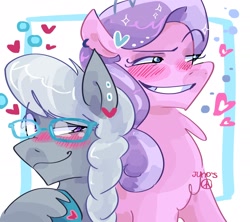 Size: 2048x1820 | Tagged: safe, artist:dmitrymemovznok, diamond tiara, silver spoon, earth pony, pony, g4, blushing, chest fluff, duo, glasses, heart, smiling, smirk