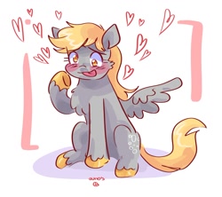 Size: 1280x1137 | Tagged: safe, artist:dmitrymemovznok, derpy hooves, pegasus, pony, :p, blushing, chest fluff, heart, sitting, solo, tongue out