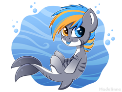 Size: 2000x1500 | Tagged: safe, artist:madelinne, oc, oc only, original species, pony, shark, shark pony, bubble, chibi, digital art, dorsal fin, eye color change, fish tail, happy, heterochromia, ocean, signature, simple background, smiling, solo, swimming, tail, two toned mane, underwater, water