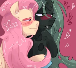 Size: 1280x1137 | Tagged: safe, artist:dmitrymemovznok, fluttershy, queen chrysalis, changeling, pegasus, pony, g4, blushing, duo, fangs, female, heart, lesbian, smiling, smirk