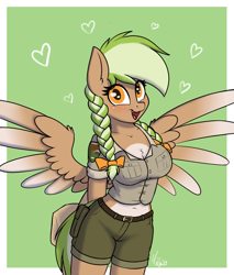 Size: 1866x2191 | Tagged: safe, artist:ponynamedmixtape, oc, oc only, oc:sylvia evergreen, pegasus, anthro, braid, braided pigtails, breasts, chest fluff, clothes, female, freckles, hair tie, hands behind back, happy, heart, looking at you, pegasus oc, pigtails, ranger, short shirt, shorts, simple background, smiling, solo, uniform, wings