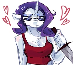 Size: 1280x1137 | Tagged: safe, artist:dmitrymemovznok, rarity, unicorn, anthro, breasts, chest fluff, clothes, heart, knife, solo, sunglasses