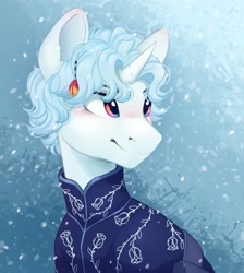 Size: 2599x2907 | Tagged: safe, artist:melodylibris, oc, oc only, pony, unicorn, blushing, bust, clothes, ear blush, high res, male, smiling, snow, snowfall, solo, stallion, turned head