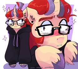 Size: 1280x1137 | Tagged: safe, artist:dmitrymemovznok, moondancer, pony, unicorn, g4, bags under eyes, blushing, clothes, ear piercing, female, glasses, hoodie, mare, piercing, solo, teary eyes, unshorn fetlocks