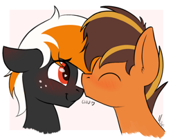 Size: 1182x955 | Tagged: safe, artist:ponynamedmixtape, oc, oc only, oc:mixtape, oc:se, earth pony, pony, bust, cute, duo, freckles, gay, kissing, male, nose kiss, weapons-grade cute