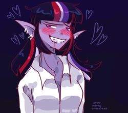 Size: 1280x1137 | Tagged: safe, artist:dmitrymemovznok, undead, vampire, anthro, blood, clothes, ear piercing, elf ears, fangs, female, piercing, smiling, smirk, solo, teeth