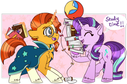 Size: 1550x1030 | Tagged: safe, artist:twittershy, starlight glimmer, sunburst, pony, unicorn, g4, book, chest fluff, cute, duo, eyes closed, female, glimmerbetes, hoof hold, kite, levitation, looking at each other, looking at someone, magic, male, mare, open mouth, open smile, smiling, smiling at each other, stallion, studying, sunbetes, telekinesis, that pony sure does love kites, unshorn fetlocks