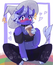Size: 1664x2048 | Tagged: safe, artist:dmitrymemovznok, oc, oc:can opener, unicorn, anthro, unguligrade anthro, fish whisperer, vylet pony, arm hooves, blushing, clothes, coffee cup, collar, cross, cup, ear piercing, emanata, fangs, hat, heart, hoof hold, inverted cross, leonine tail, midriff, nonbinary, piercing, sitting, solo, tail, witch hat