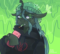 Size: 2048x1820 | Tagged: safe, artist:dmitrymemovznok, queen chrysalis, changeling, anthro, g4, arm hooves, clothes, fangs, frown, heart, smoking, solo