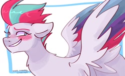 Size: 1280x782 | Tagged: safe, artist:dmitrymemovznok, zipp storm, pegasus, pony, g5, blushing, colored wings, eyebrows, female, grin, looking at you, mare, multicolored wings, raised eyebrow, simple background, smiling, smiling at you, solo, spread wings, wings