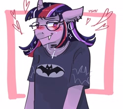 Size: 2048x1820 | Tagged: safe, artist:dmitrymemovznok, twilight sparkle, unicorn, anthro, g4, blushing, clothes, ear piercing, fangs, glasses, heart, jewelry, necklace, piercing, shirt, solo, t-shirt, unicorn twilight