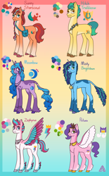 Size: 2160x3480 | Tagged: safe, artist:demiangelkat, hitch trailblazer, izzy moonbow, misty brightdawn, pipp petals, sunny starscout, zipp storm, classical unicorn, earth pony, pegasus, pony, unicorn, g5, alternate cutie mark, alternate design, alternate name, bag, bracelet, cloven hooves, colored wings, concave belly, female, friendship bracelet, gradient background, high res, horn, jewelry, leonine tail, long neck, male, mane five, mane six (g5), mare, multicolored wings, necc, necklace, physique difference, redesign, reference sheet, saddle bag, sash, skinny pipp, slender, spread wings, stallion, tail, thin, tiara, unshorn fetlocks, wings