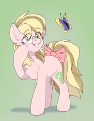 Size: 744x960 | Tagged: safe, artist:shinizavr, oc, oc only, butterfly, earth pony, pony, bow, female, glasses, mare, solo, tail, tail bow
