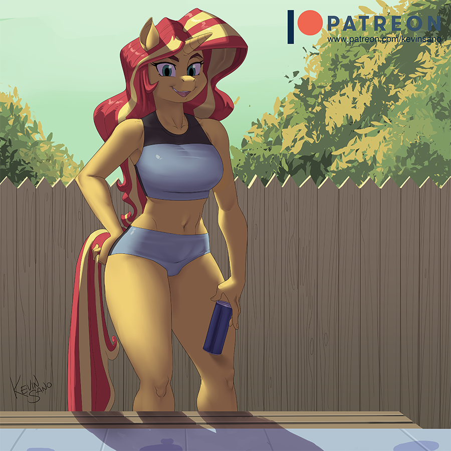 3041323 - suggestive, artist:kevinsano, sunset shimmer, unicorn, anthro,  g4, belly button, breasts, clothes, cropped, female, fence, looking at you,  open mouth, smiling, smiling at you, solo, solo female, swimsuit, wide hips  - Derpibooru