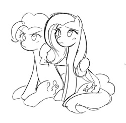 Size: 703x683 | Tagged: safe, artist:rainn__1026, fluttershy, pinkie pie, earth pony, pegasus, pony, g4, angry, black and white, duo, female, grayscale, hoof around neck, mare, monochrome, simple background, sketch, white background