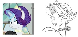 Size: 1025x491 | Tagged: safe, artist:rainn__1026, rarity, pony, unicorn, g4, the gift of the maud pie, alternate hairstyle, female, glowing, glowing horn, horn, jewelry, mare, necklace, redraw, screencap reference, simple background, sketch, smiling, solo, white background