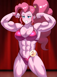 Size: 800x1067 | Tagged: safe, artist:tzc, pinkie pie, human, equestria girls, g4, abs, alternate hairstyle, biceps, bikini, bodybuilder, bodybuilding contest, breasts, clothes, commission, female, flexing, grin, muscles, muscular female, pink bikini, pink swimsuit, pinkie pump, ponytail, smiling, solo, swimsuit, thighs, thunder thighs