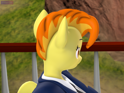 Size: 2880x2160 | Tagged: safe, artist:antonsfms, spitfire, pegasus, anthro, g4, 3d, alternate hairstyle, beach, clothes, commission, commissioner:lotsofcaps, day, eyelashes, female, folded wings, hair, hairstyle, high res, looking at you, makeup, necktie, outdoors, palm tree, smiling, smiling at you, solo, source filmmaker, suit, tree, wings