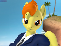 Size: 2880x2160 | Tagged: safe, artist:antonsfms, spitfire, pegasus, anthro, g4, 3d, alternate hairstyle, beach, clothes, commission, commissioner:lotsofcaps, day, eyelashes, female, folded wings, hair, hairstyle, high res, looking at you, makeup, necktie, outdoors, palm tree, smiling, smiling at you, solo, source filmmaker, suit, tree, wings