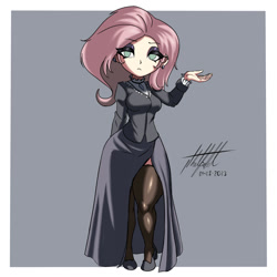 Size: 1000x1000 | Tagged: safe, artist:nlhetfield, fluttershy, human, g4, breasts, busty fluttershy, clothes, dress, eyeshadow, female, fluttergoth, gothic, humanized, light skin, looking at you, makeup, no pupils, signature, simple background, solo, stockings, thigh highs, wide hips