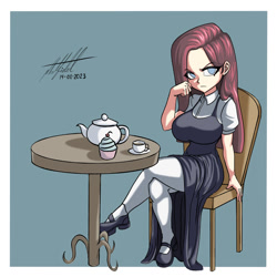 Size: 1000x1000 | Tagged: safe, artist:nlhetfield, pinkie pie, human, g4, big breasts, breasts, busty pinkie pie, crossed legs, cup, cupcake, female, food, huge breasts, humanized, light skin, no pupils, pinkamena diane pie, simple background, sitting, tea party, teacup, teapot
