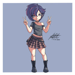 Size: 1000x1000 | Tagged: safe, artist:nlhetfield, twilight sparkle, human, g4, alternate hairstyle, boots, clothes, eye clipping through hair, humanized, light skin, no pupils, off shoulder, peace sign, plaid skirt, punk, punklight sparkle, shoes, simple background, skirt, solo
