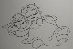 Size: 2048x1365 | Tagged: safe, artist:pony quarantine, oc, oc only, oc:dyx, oc:nyx, alicorn, pony, blanket, duo, female, filly, foal, grayscale, monochrome, nap, pillow, siblings, sisters, sleeping, traditional art