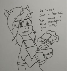 Size: 2073x2200 | Tagged: safe, artist:pony quarantine, oc, oc:pine shine, pony, unicorn, apron, bonsai, clothes, dialogue, eye clipping through hair, female, grayscale, high res, hoof gloves, hoof hold, mare, monochrome, solo, talking to viewer, traditional art