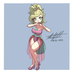 Size: 1000x1000 | Tagged: safe, artist:nlhetfield, applejack, human, g4, alternate design, alternate hairstyle, applejewel, big breasts, breasts, busty applejack, cleavage, clothes, cutie mark on human, dress, heart hands, high heels, humanized, leotard, light skin, looking at you, no pupils, shoes, smiling, smiling at you, wide hips