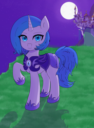 Size: 3500x4770 | Tagged: safe, artist:lilithnightstar, oc, oc only, oc:ariana fil, pony, unicorn, armor, canterlot, canterlot castle, grass, grass field, horn, moon, moonlight, night, night guard, night guard armor, outdoors, smiling, solo, stars, unicorn oc