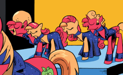 Size: 329x201 | Tagged: safe, artist:andypriceart, idw, big macintosh, joy jump, rhythm mirror, smooth fruit, soul power, earth pony, pony, g4, zen and the art of gazebo repair, spoiler:comic, spoiler:comic10, afro, background pony, clothes, dancing, female, generic pony, male, mare, microphone, parade float, rose royce, singing, song reference, stage, stallion, thriller