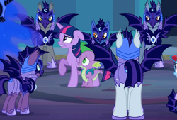 Size: 899x606 | Tagged: safe, screencap, ever dusk, ink eclipse, moody blue, moonmist, nightmare moon, rainbow dash, spike, toxicwind, twilight sparkle, alicorn, bat pony, dragon, pony, g4, the cutie re-mark, alternate hairstyle, alternate timeline, armor, backpack, castle of the royal pony sisters, chestplate, colored eyelashes, ears back, ethereal hair, ethereal mane, ethereal tail, eye contact, eyeshadow, female, floppy ears, folded wings, frown, glare, gritted teeth, helmet, hoof shoes, horn, jewelry, looking at each other, looking at someone, makeup, male, mare, night guard, night guard dash, nightmare takeover timeline, peytral, raised hoof, regalia, royal guard, slit pupils, spread wings, stallion, starry hair, starry mane, starry tail, tail, tail hole, teeth, twilight sparkle (alicorn), wide eyes, wings