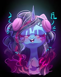 Size: 1080x1350 | Tagged: safe, artist:jully-park, misty brightdawn, pony, unicorn, g5, black background, bust, cornrows, digital art, eyes closed, female, headphones, horn, mare, music notes, open mouth, portrait, simple background, solo