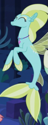 Size: 221x576 | Tagged: safe, screencap, aestuarium, ocean mist, seapony (g4), g4, surf and/or turf, background sea pony, colored pupils, cropped, eyes closed, eyeshadow, female, fin wings, fins, fish tail, jewelry, makeup, male, mare, necklace, ocean, offscreen character, seaquestria, smiling, solo focus, tail, trio, underwater, water, wings